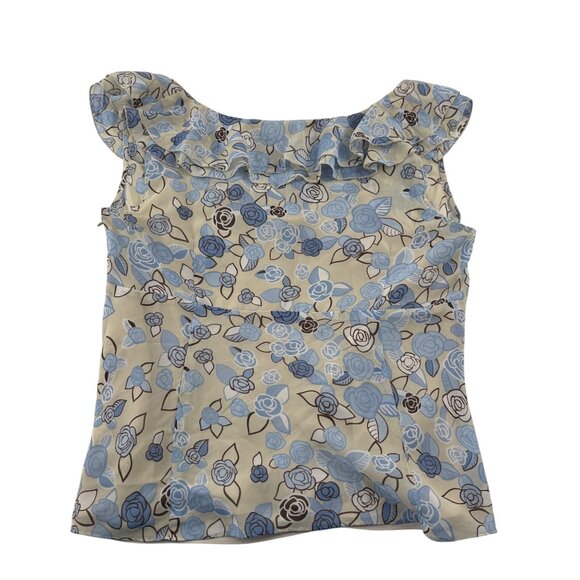 Ann Taylor Loft Size 12 Floral Sleeveless Blouse Beige & Blue Women's Y2k - Picture 3 of 4